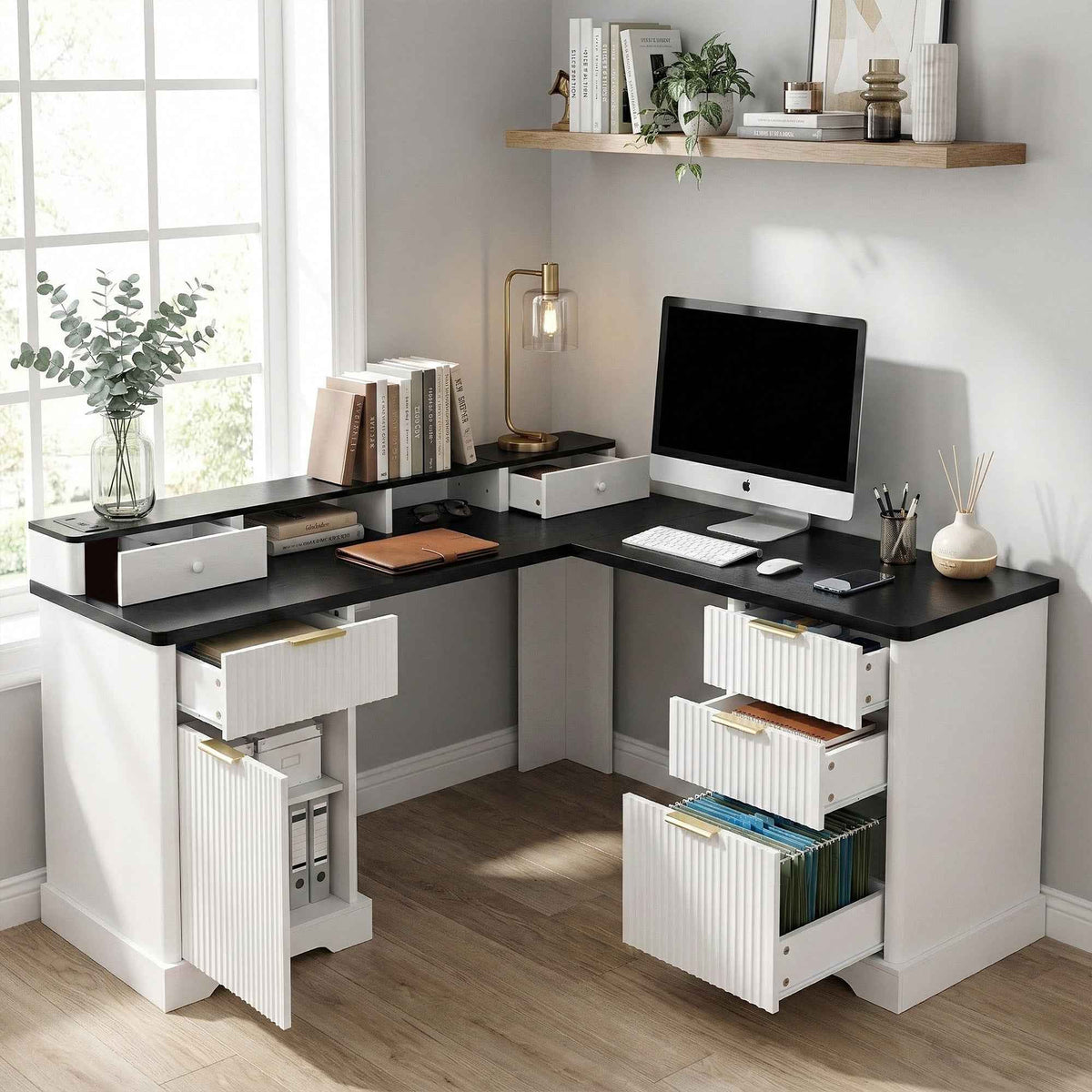 59 Modern Fluted L-Shaped Desk with Charging Station-Free Shipping - aurelia-clothing-8955