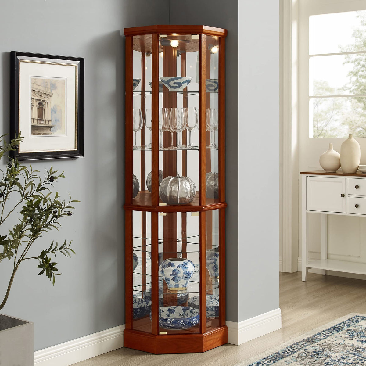 6 Shelf Lighted Corner Curio Cabinet-Free Shipping - aurelia-clothing-8955