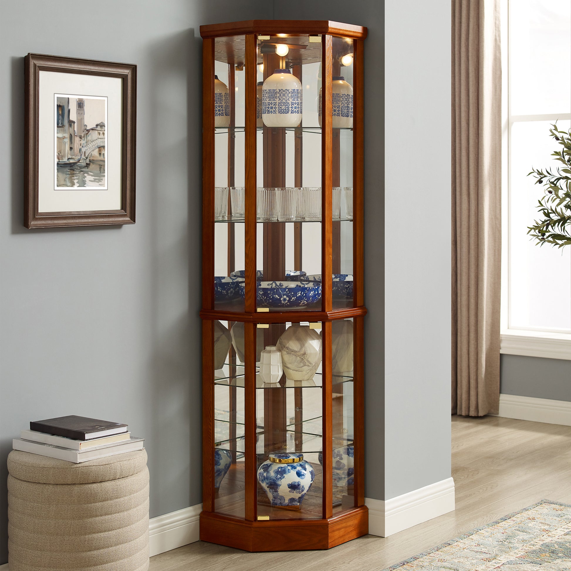 6 Shelf Lighted Corner Curio Cabinet-Free Shipping - aurelia-clothing-8955