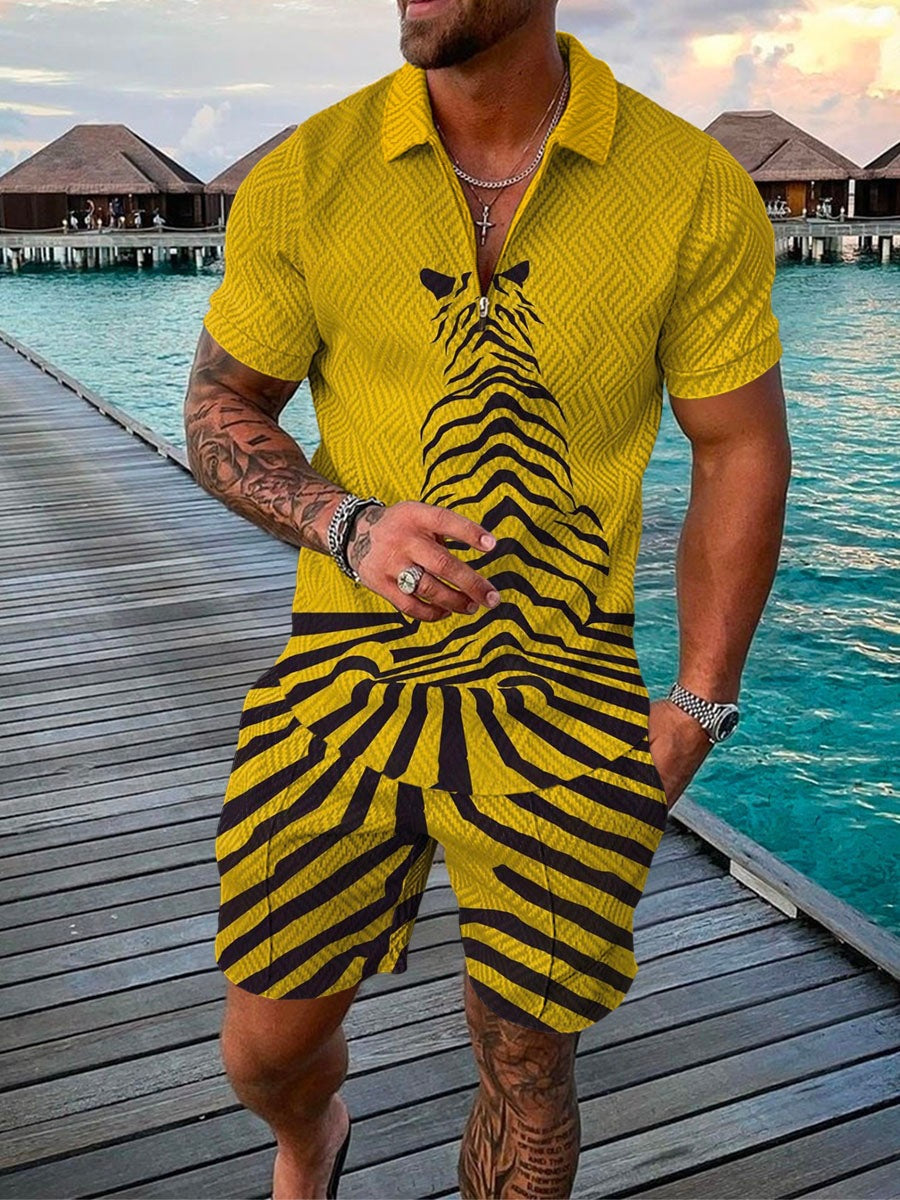 New Men's Fashion Casual Suit 3D Print Zip Short Sleeve Polo Shirt Shorts 2 Piece Set - Free Shipping - Aurelia Clothing