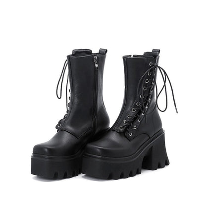 Autumn And Winter Lace Up Chunky High-Heeled Platform Ladies Short Boots Martin Boots - Free Shipping - aurelia-clothing-8955