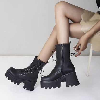 Autumn And Winter Lace Up Chunky High-Heeled Platform Ladies Short Boots Martin Boots - Free Shipping - aurelia-clothing-8955