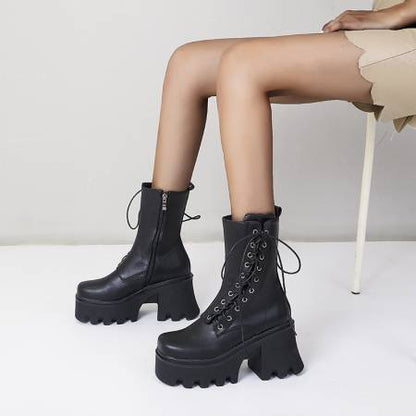 Autumn And Winter Lace Up Chunky High-Heeled Platform Ladies Short Boots Martin Boots - Free Shipping - aurelia-clothing-8955