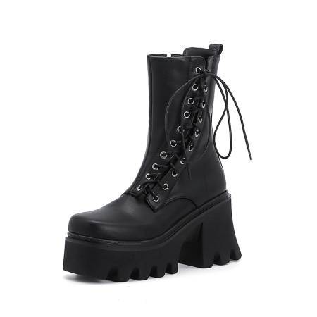 Autumn And Winter Lace Up Chunky High-Heeled Platform Ladies Short Boots Martin Boots - Free Shipping - aurelia-clothing-8955