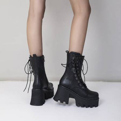 Autumn And Winter Lace Up Chunky High-Heeled Platform Ladies Short Boots Martin Boots - Free Shipping - aurelia-clothing-8955