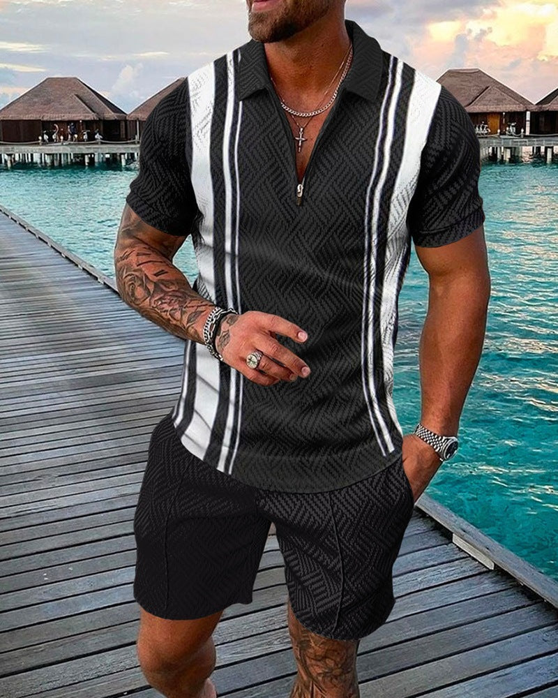New Men's Fashion Casual Suit 3D Print Zip Short Sleeve Polo Shirt Shorts 2 Piece Set - Free Shipping - Aurelia Clothing