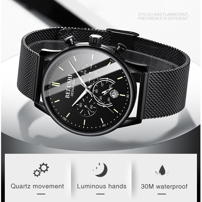 BELUSHI Watch Men Luxury Brand Famous Male Watch Black Watches Ultra Thin Milan Belt Stainless Steel Quartz Men Wrist Watch - Free Shipping - aurelia-clothing-8955