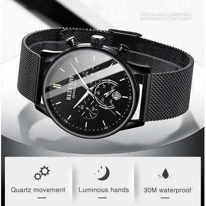 BELUSHI Watch Men Luxury Brand Famous Male Watch Black Watches Ultra Thin Milan Belt Stainless Steel Quartz Men Wrist Watch - Free Shipping - aurelia-clothing-8955