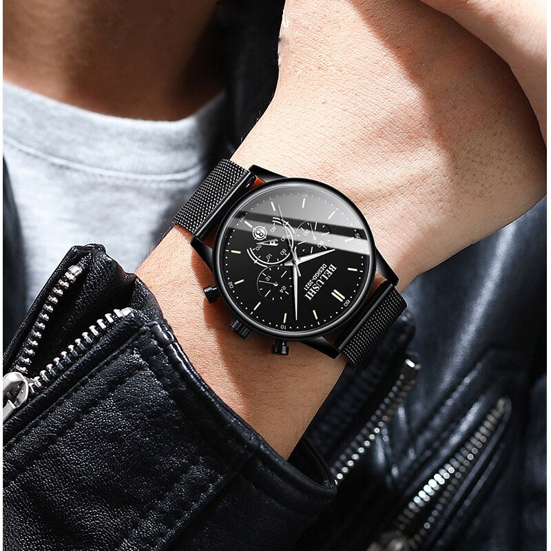 BELUSHI Watch Men Luxury Brand Famous Male Watch Black Watches Ultra Thin Milan Belt Stainless Steel Quartz Men Wrist Watch - Free Shipping - aurelia-clothing-8955