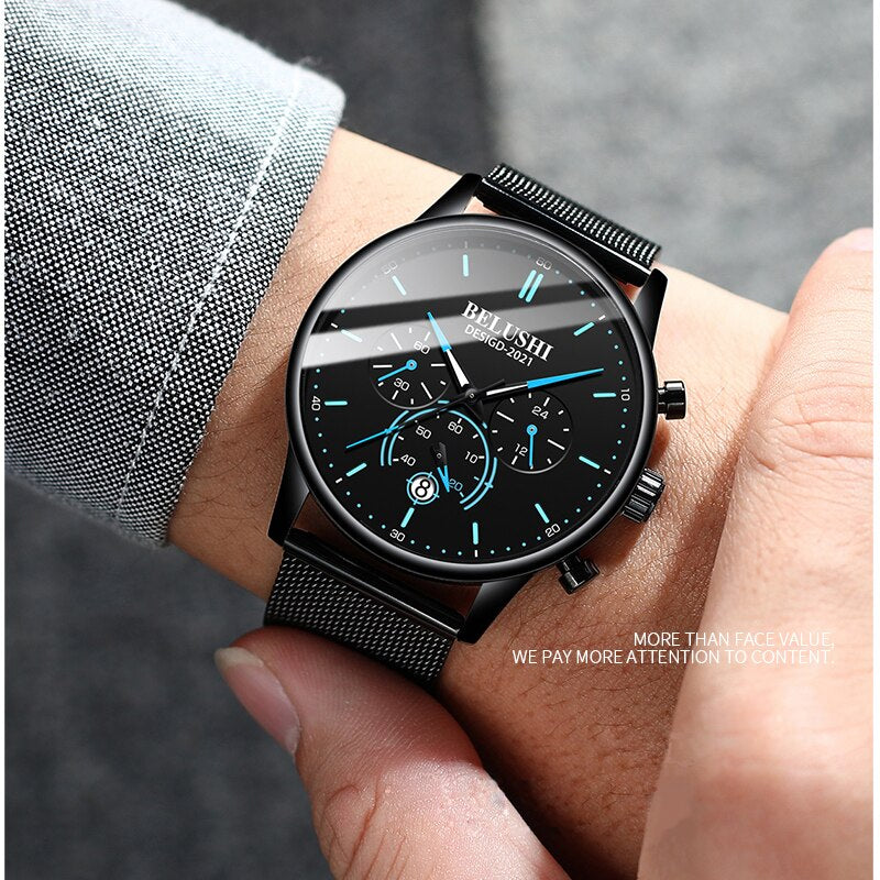 BELUSHI Watch Men Luxury Brand Famous Male Watch Black Watches Ultra Thin Milan Belt Stainless Steel Quartz Men Wrist Watch - Free Shipping - aurelia-clothing-8955