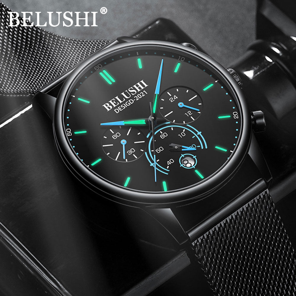 BELUSHI Watch Men Luxury Brand Famous Male Watch Black Watches Ultra Thin Milan Belt Stainless Steel Quartz Men Wrist Watch - Free Shipping - aurelia-clothing-8955