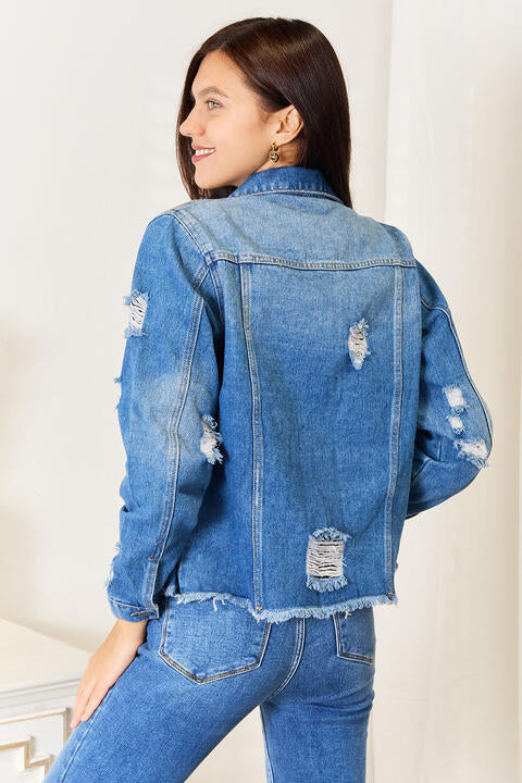 Baeful Leopard Floral Distressed Raw Hem Denim Womens Jacket - aurelia-clothing-8955