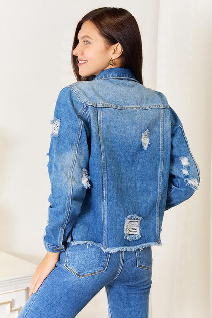 Baeful Leopard Floral Distressed Raw Hem Denim Womens Jacket - aurelia-clothing-8955