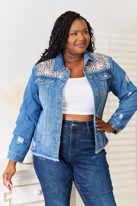 Baeful Leopard Floral Distressed Raw Hem Denim Womens Jacket - aurelia-clothing-8955