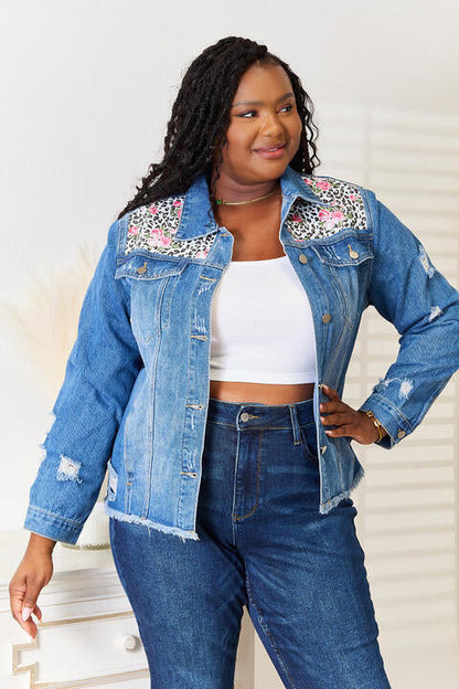 Baeful Leopard Floral Distressed Raw Hem Denim Womens Jacket - aurelia-clothing-8955