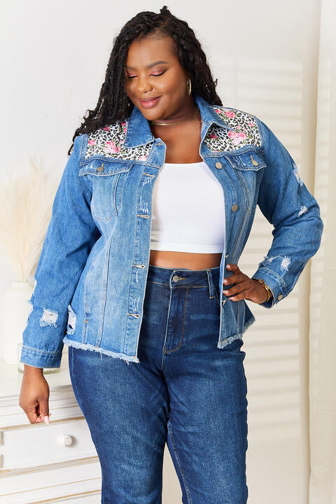 Baeful Leopard Floral Distressed Raw Hem Denim Womens Jacket - aurelia-clothing-8955