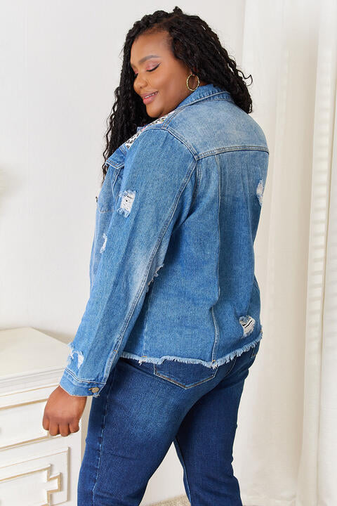Baeful Leopard Floral Distressed Raw Hem Denim Womens Jacket - aurelia-clothing-8955