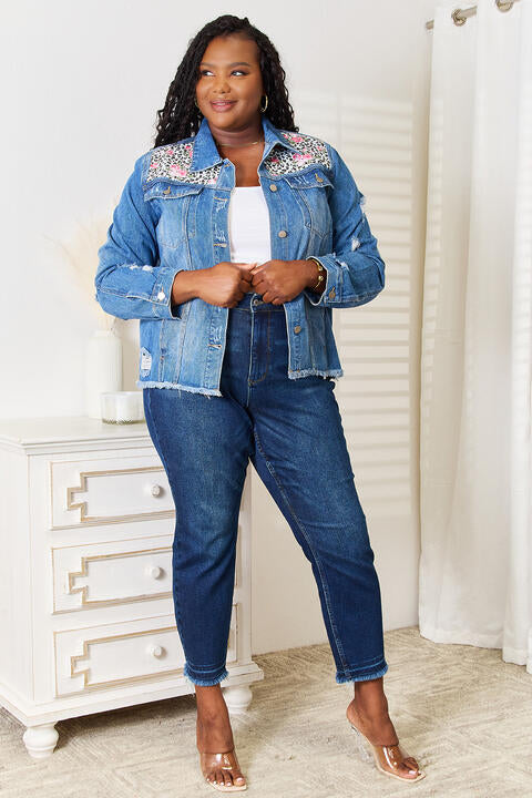 Baeful Leopard Floral Distressed Raw Hem Denim Womens Jacket - aurelia-clothing-8955