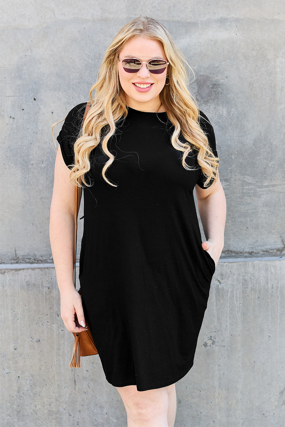 Basic Bae Bamboo Full Size Round Neck Short Sleeve Dress with Pockets - Free Shipping - aurelia-clothing-8955