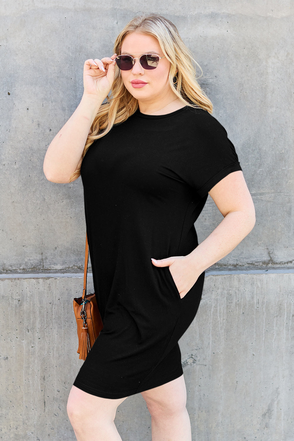 Basic Bae Bamboo Full Size Round Neck Short Sleeve Dress with Pockets - Free Shipping - aurelia-clothing-8955