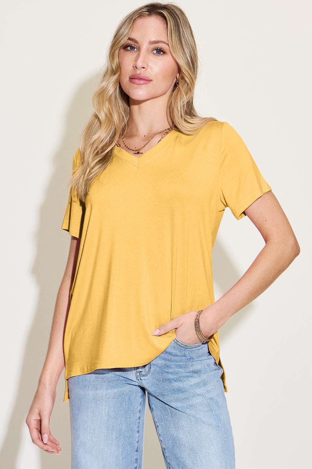 Basic Bae Bamboo Full Size V-Neck High-Low T-Shirt - Free Shipping - aurelia-clothing-8955