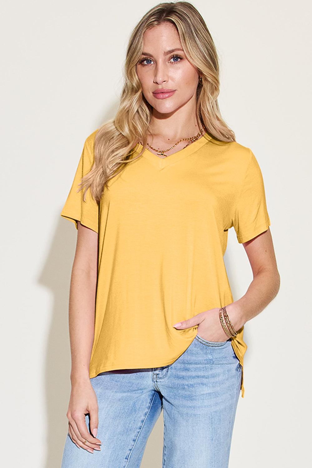 Basic Bae Bamboo Full Size V-Neck High-Low T-Shirt - Free Shipping - aurelia-clothing-8955