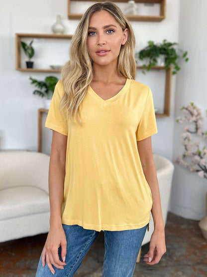 Basic Bae Bamboo Full Size V-Neck High-Low T-Shirt - Free Shipping - aurelia-clothing-8955