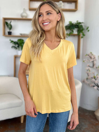 Basic Bae Bamboo Full Size V-Neck High-Low T-Shirt - Free Shipping - aurelia-clothing-8955