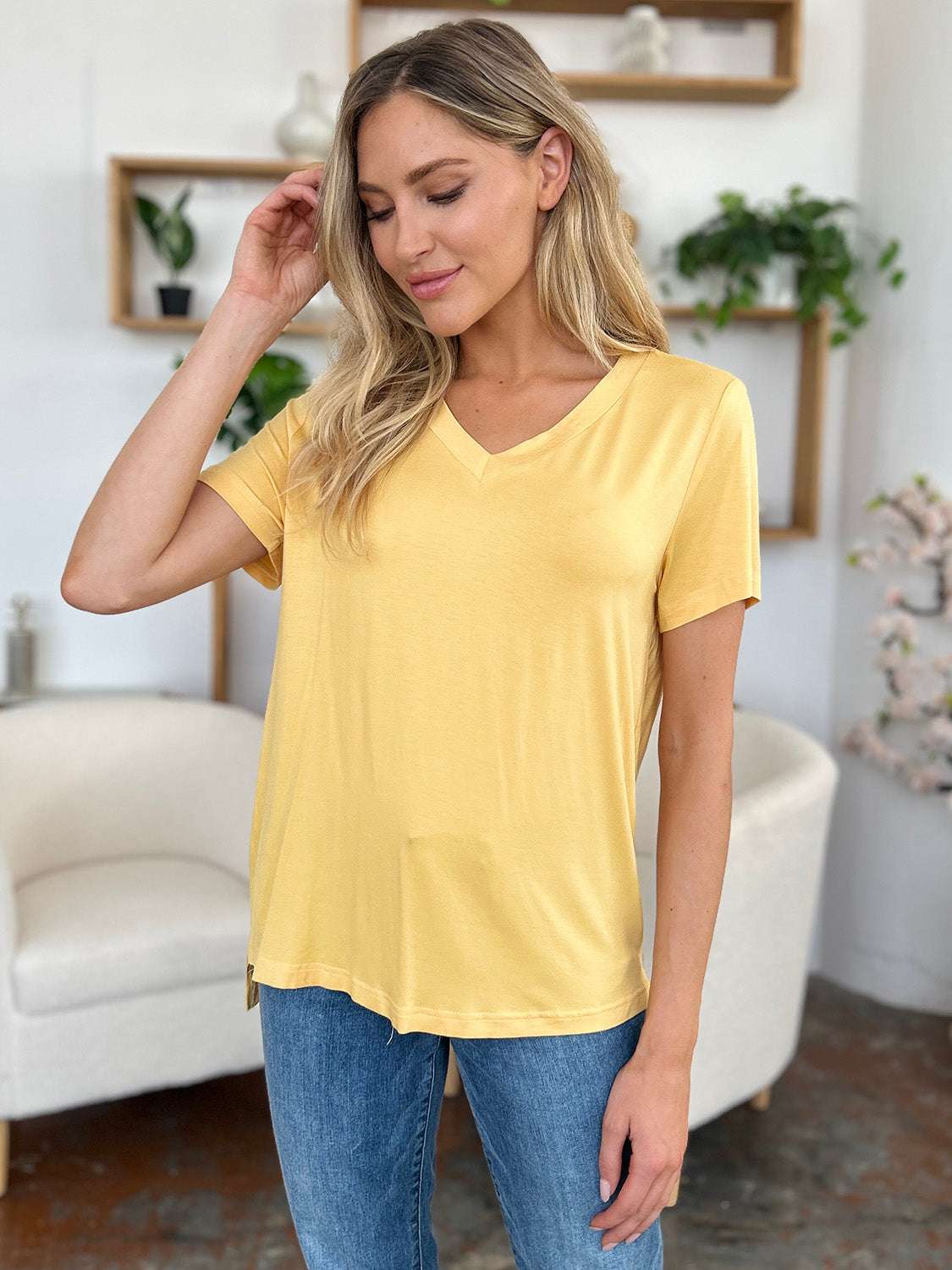 Basic Bae Bamboo Full Size V-Neck High-Low T-Shirt - Free Shipping - aurelia-clothing-8955