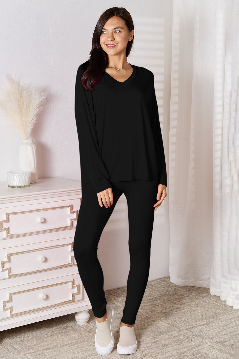Basic Bae Bamboo Full Size V-Neck Long Sleeve Top and Pants Lounge Set - Free Shipping - aurelia-clothing-8955