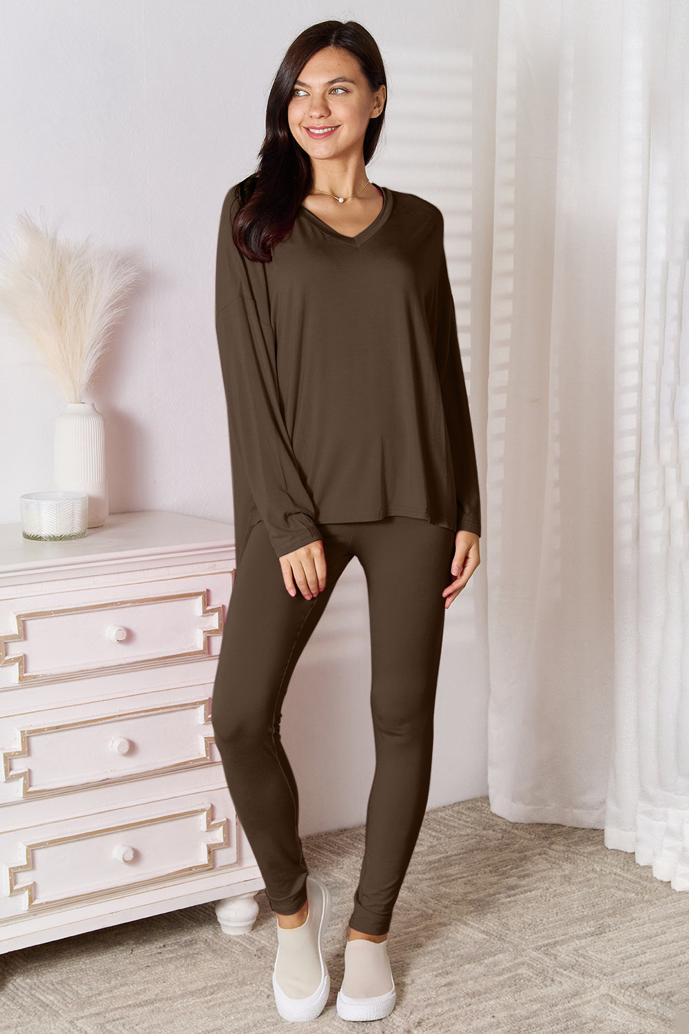 Basic Bae Bamboo Full Size V-Neck Long Sleeve Top and Pants Lounge Set - Free Shipping - aurelia-clothing-8955