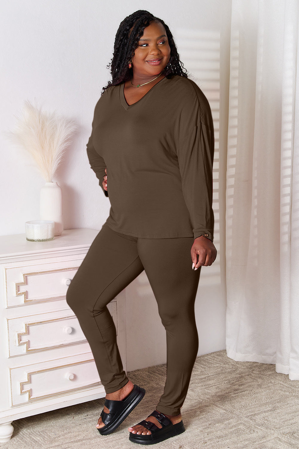 Basic Bae Bamboo Full Size V-Neck Long Sleeve Top and Pants Lounge Set - Free Shipping - aurelia-clothing-8955