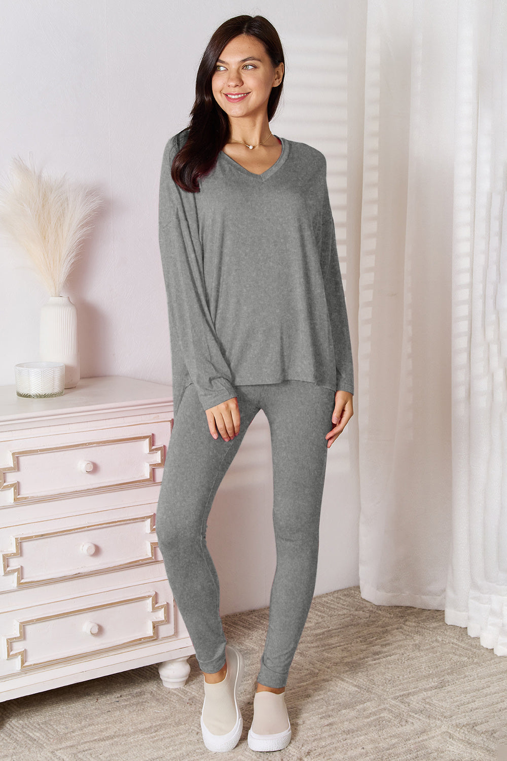 Basic Bae Bamboo Full Size V-Neck Long Sleeve Top and Pants Lounge Set - Free Shipping - aurelia-clothing-8955
