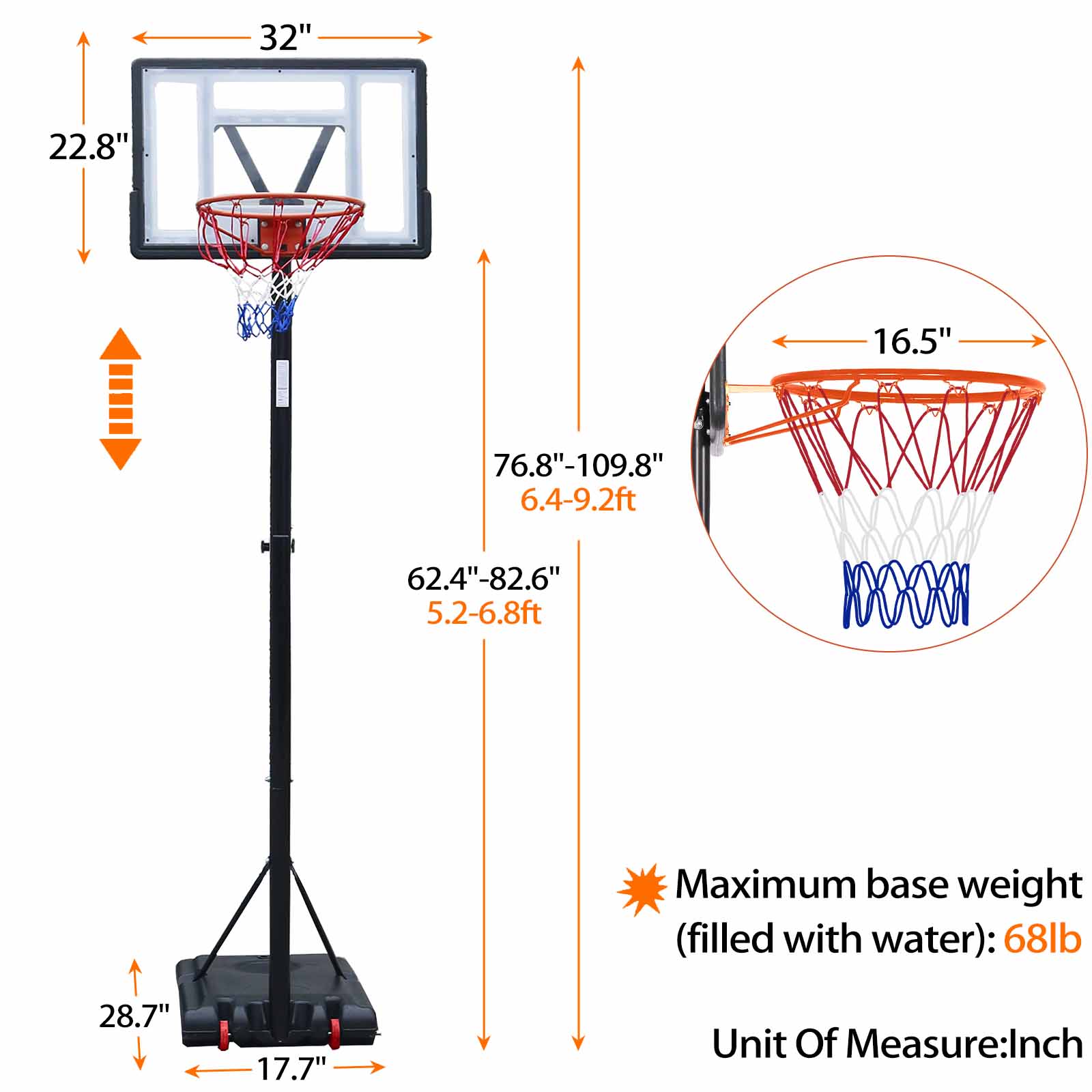 Basketball Hoop Outdoor 5.2 Ft to 6.8Ft Adjustable Basketball Goal with 32 - Free Shipping - aurelia-clothing-8955