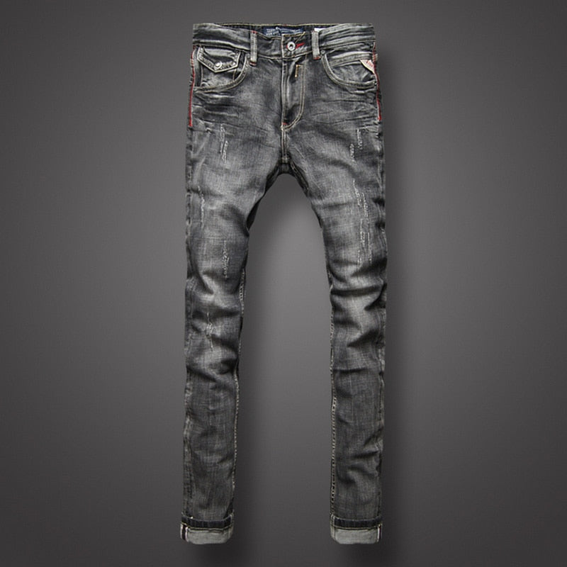 Black Gray Color Denim Mens Jeans High Quality Italian Style Retro Design Slim Fit Ripped Jeans - Free Shipping - aurelia-clothing-8955