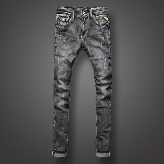 Black Gray Color Denim Mens Jeans High Quality Italian Style Retro Design Slim Fit Ripped Jeans - Free Shipping - aurelia-clothing-8955