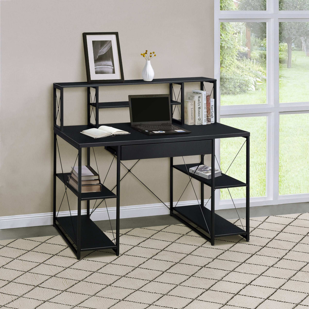 Black Office Desk with Open Shelves and Hutch - Free Shipping - aurelia-clothing-8955