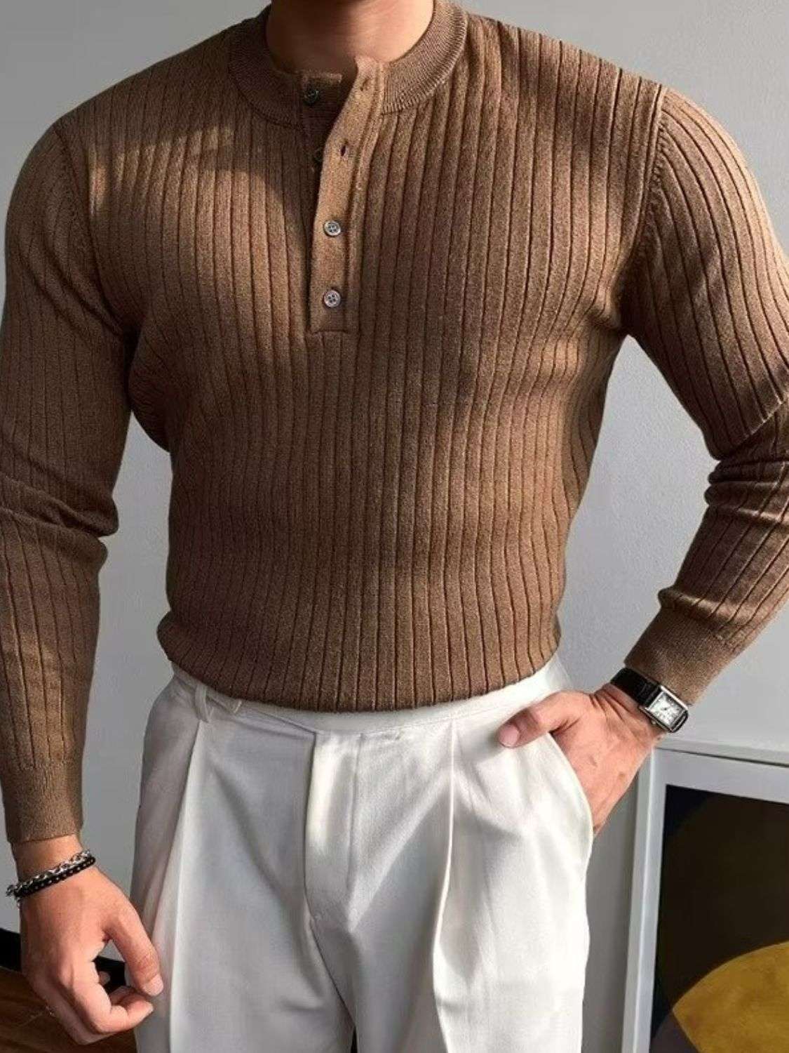 Button Detail Ribbed Long Sleeve Mens Knit Top - aurelia-clothing-8955
