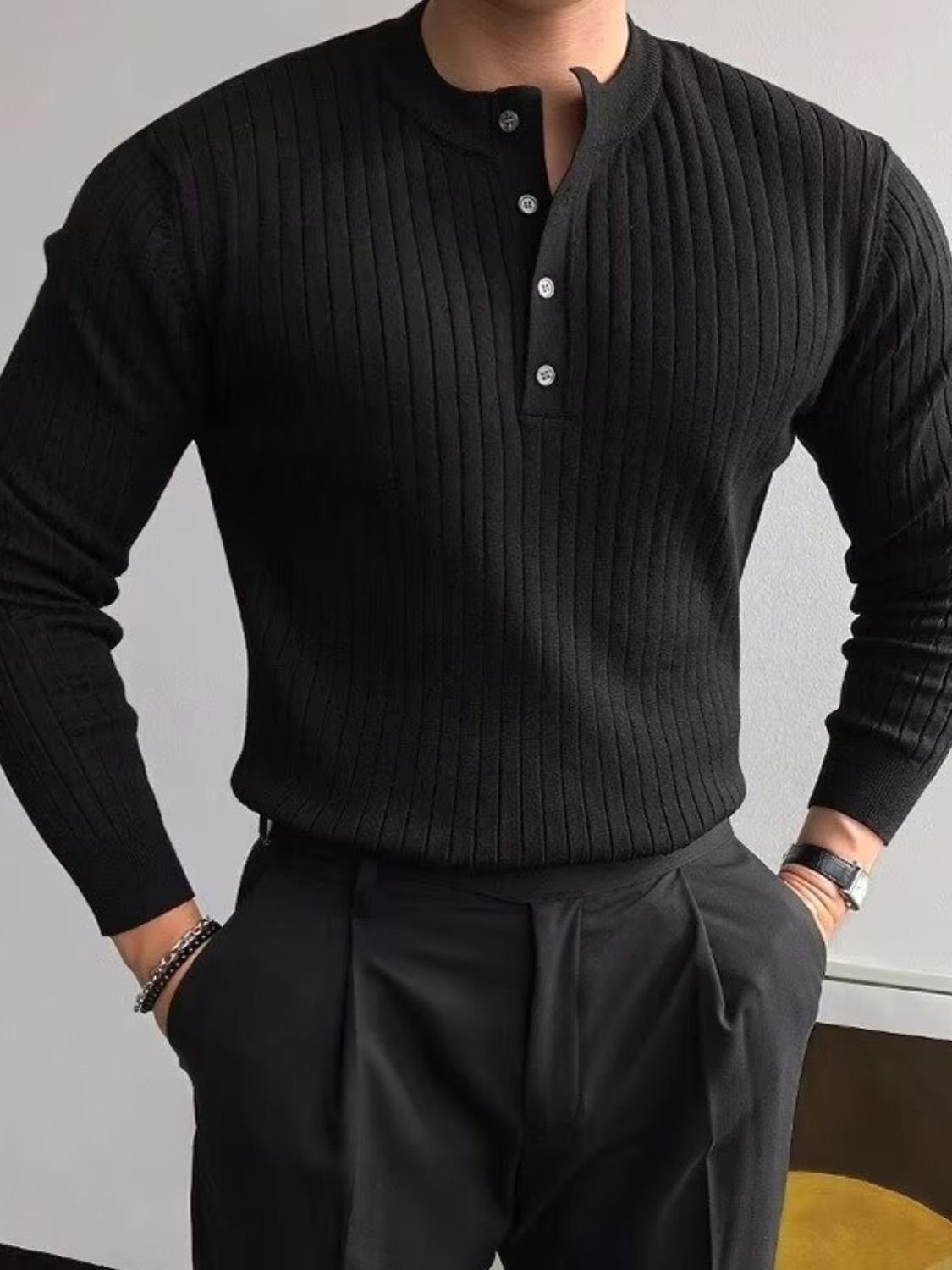 Button Detail Ribbed Long Sleeve Mens Knit Top - aurelia-clothing-8955