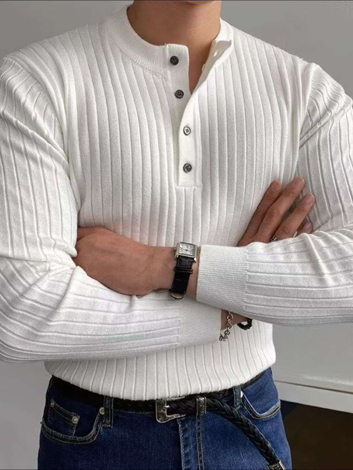 Button Detail Ribbed Long Sleeve Mens Knit Top - aurelia-clothing-8955