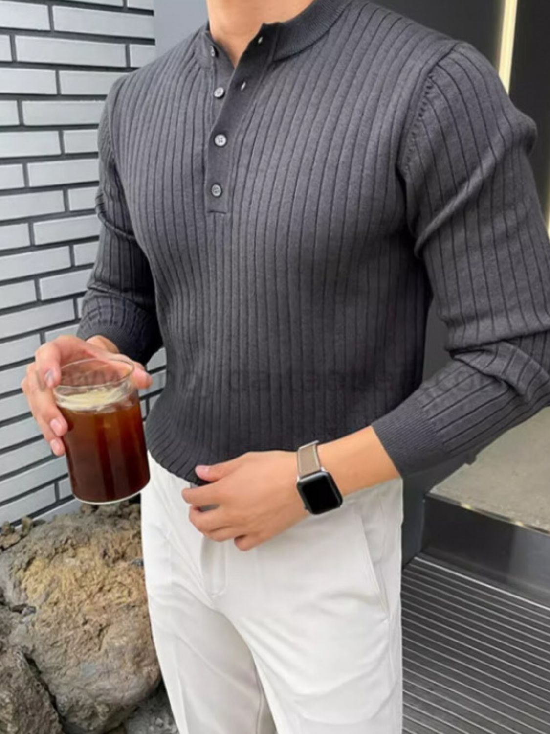 Button Detail Ribbed Long Sleeve Mens Knit Top - aurelia-clothing-8955