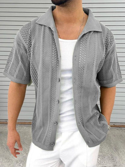 Button Down Collared Neck Hollow Out Shirt-Free Shipping - aurelia-clothing-8955