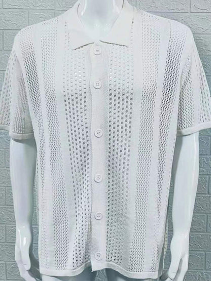 Button Down Collared Neck Hollow Out Shirt-Free Shipping - aurelia-clothing-8955
