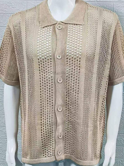 Button Down Collared Neck Hollow Out Shirt-Free Shipping - aurelia-clothing-8955