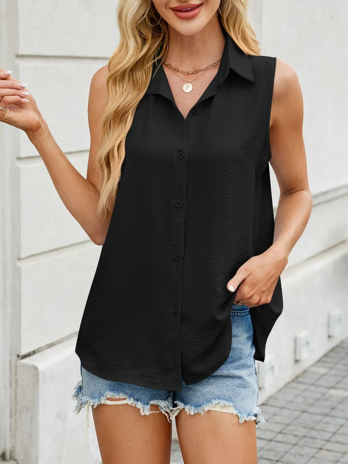 Button Down Collared Neck Tank - Free Shipping - aurelia-clothing-8955