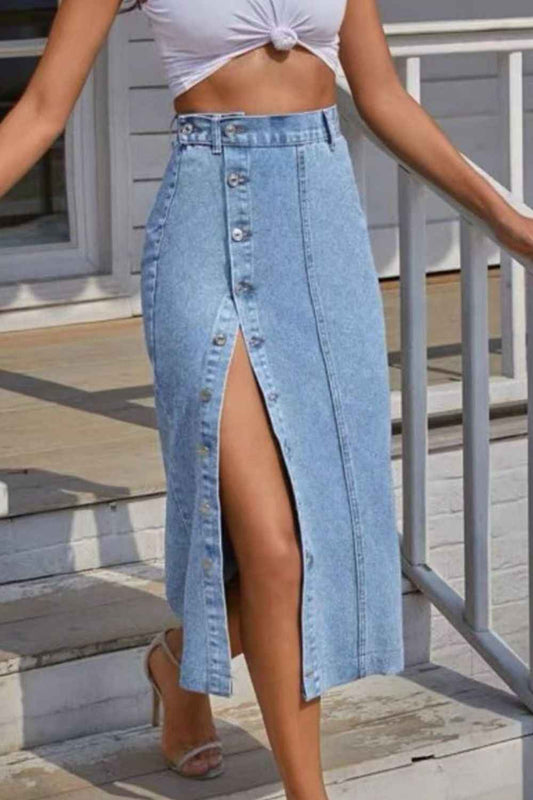 Button Fly Split Denim Skirt - aurelia-clothing-8955