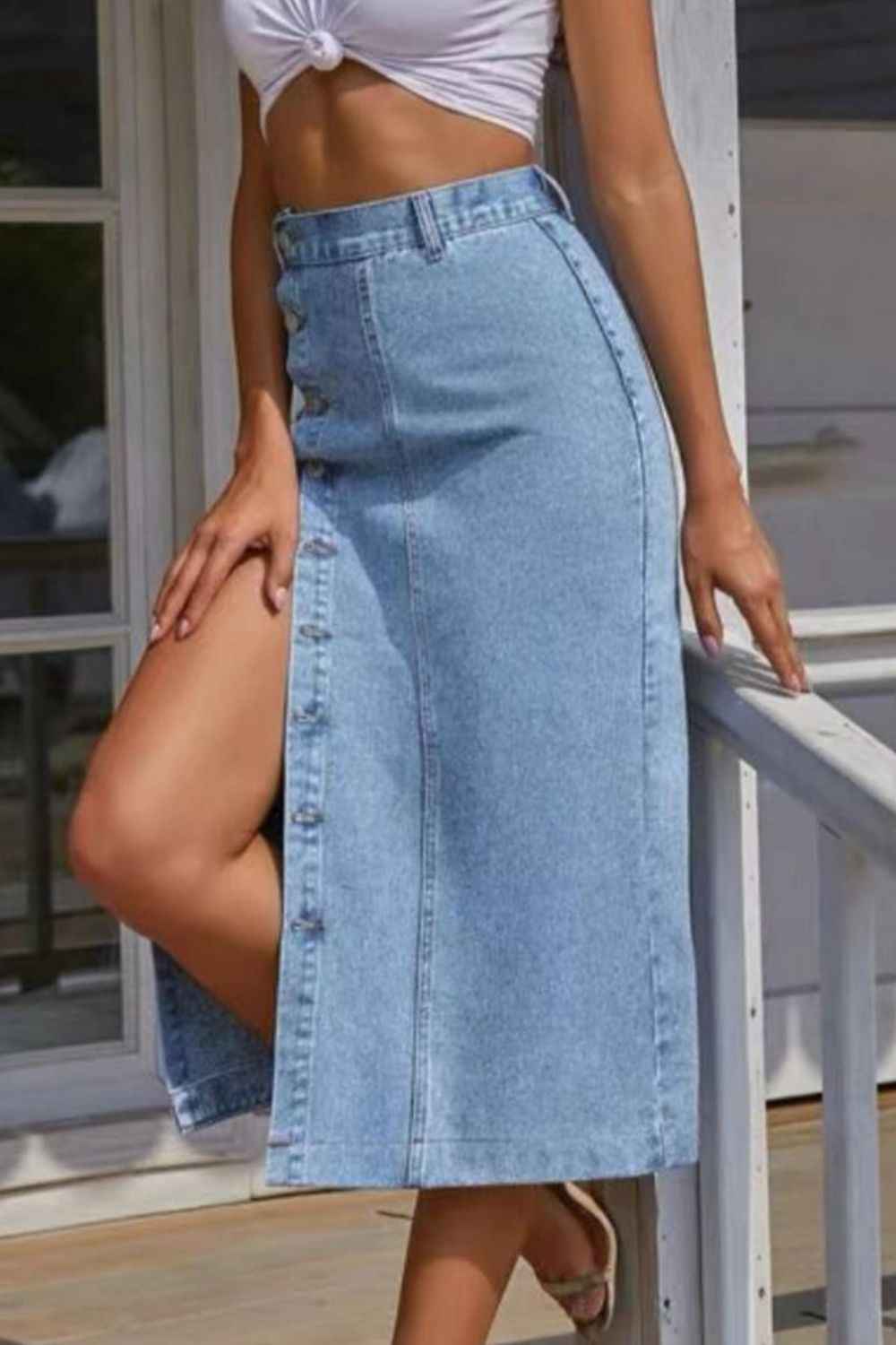 Button Fly Split Denim Skirt - aurelia-clothing-8955
