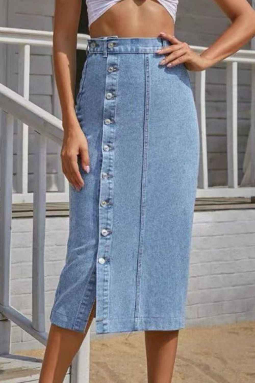 Button Fly Split Denim Skirt - aurelia-clothing-8955