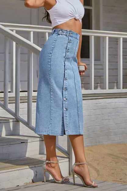 Button Fly Split Denim Skirt - aurelia-clothing-8955