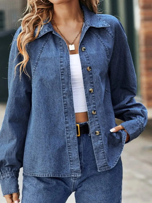 Button Up Long Sleeve Denim Shirt-Free Shipping - aurelia-clothing-8955